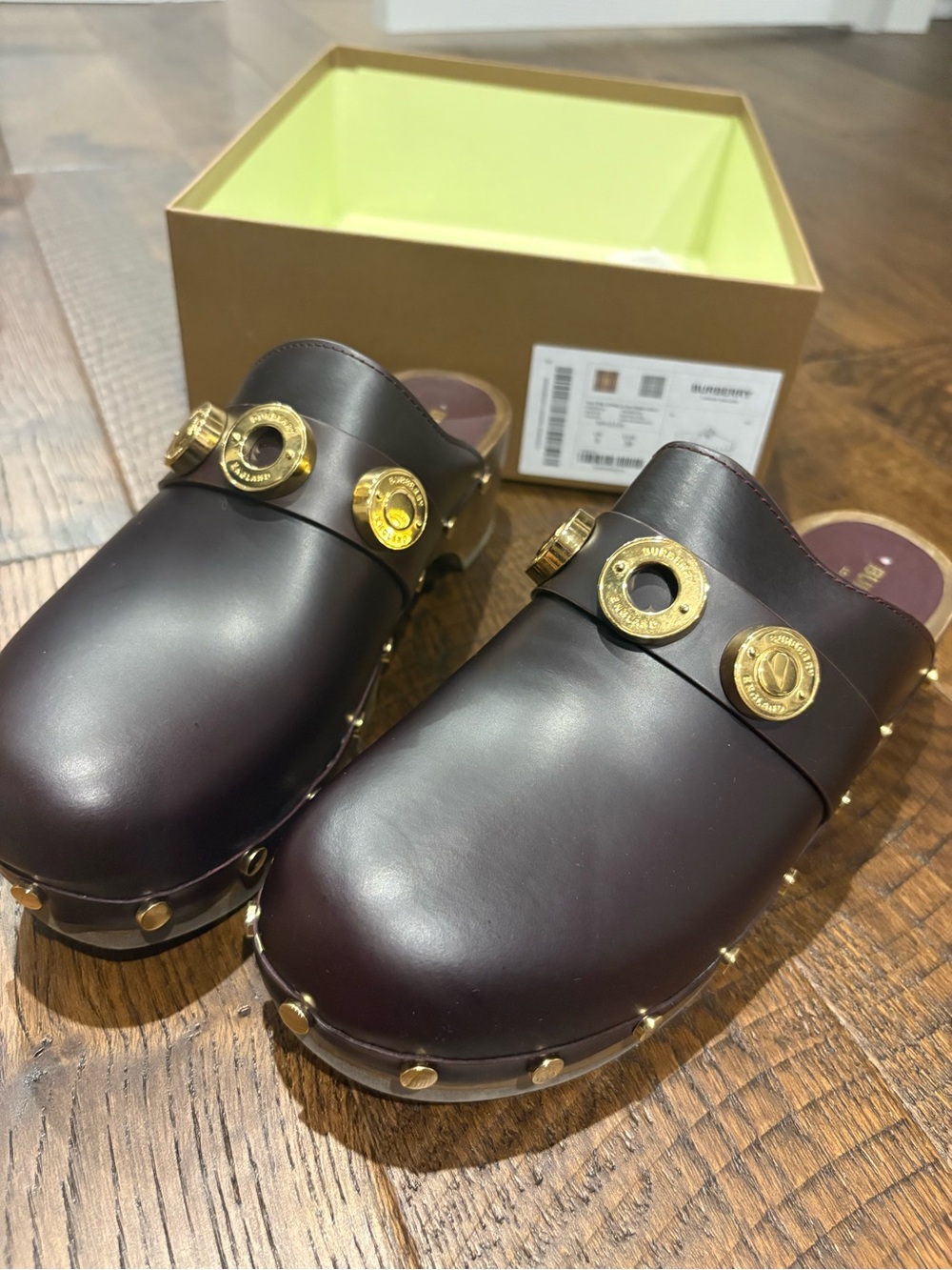 Burberry dark burgundy Leather Clogs with Gold Stud Accents